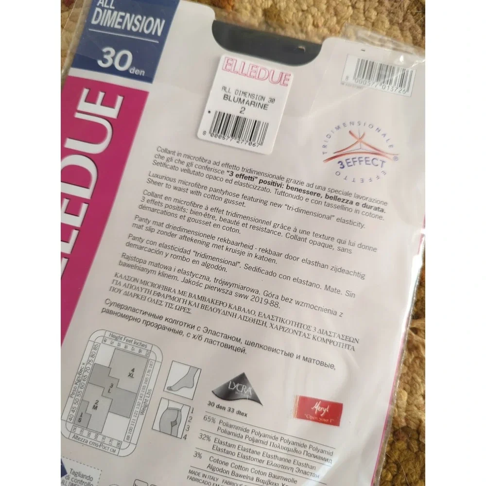 New ELLEDUE 30 Denier Tri-Dimensional Elasticity Pantyhose BluMarine Blue Size 2